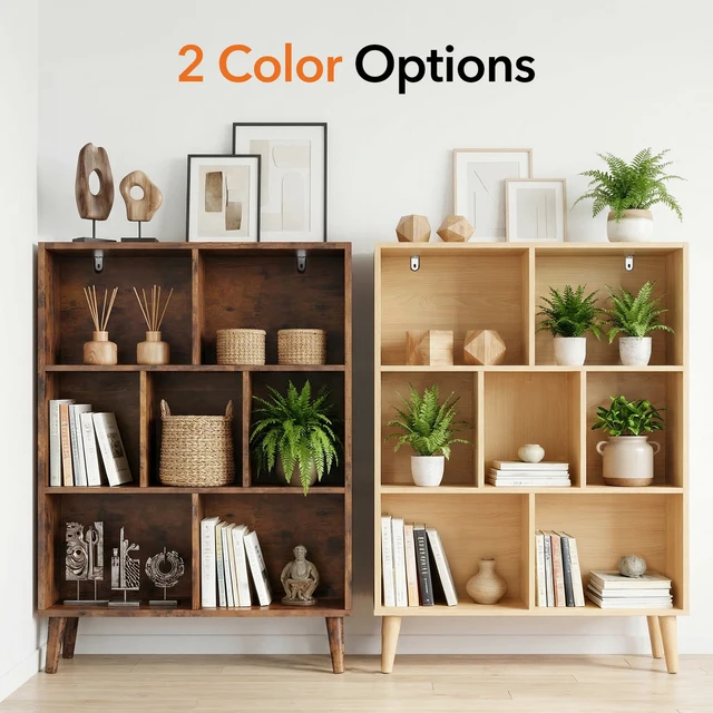 JHK 3 Tier Bookshelf Wooden 7 Cube Storage Organizer Display Bookcase Open Standing Shelf with Legs Graduated Shelves for Home