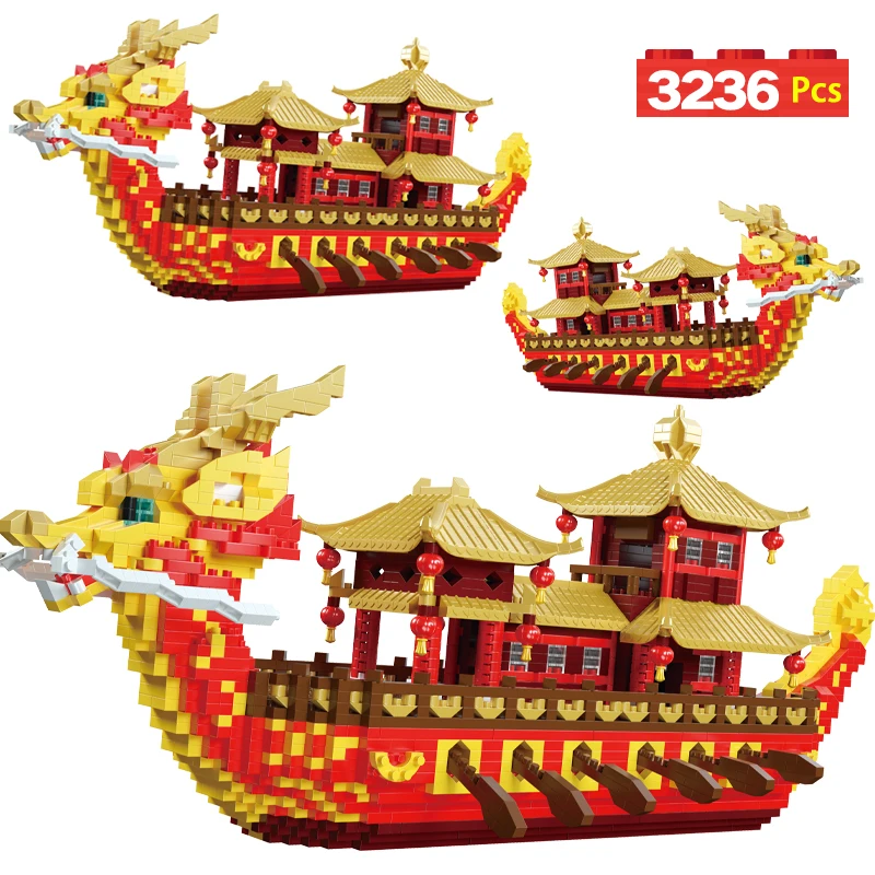 3236pcs Mini City Royal Dragon Boat Architecture Building Blocks Chinese Traditional Festival Bricks Toys for Children Gifts