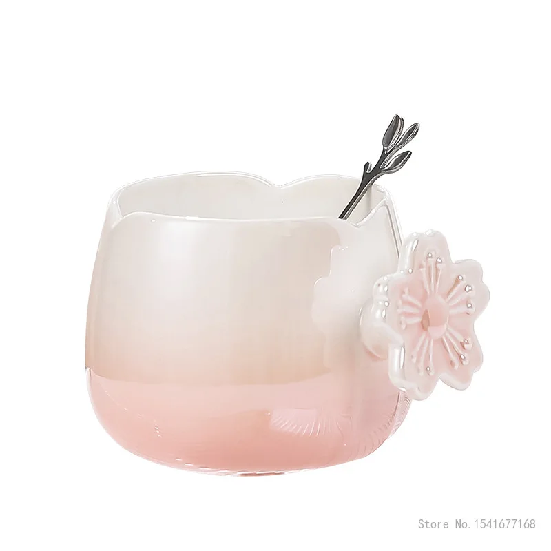 Creative Ceramic Gradient Pearl Glaze Flower Coffee Cup with Spoon Home Office Supplies High Beauty Breakfast Milk Water Mug 1Pc
