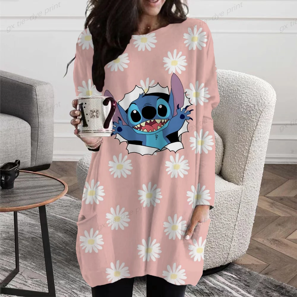 

Women T Shirt Disney Stitch Print Kawaii Casual V-neck Long Sleeve Pullover Shirt with Pocket Autumn Winter Loose T-Shirt Tops