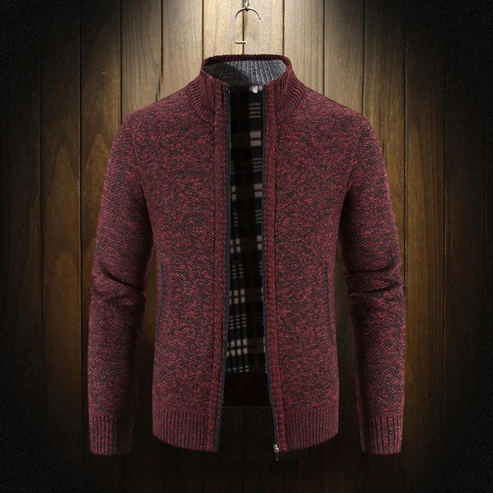 

Men Knit Sweater Stylish Men's Knitted Cardigan Warm Stand Collar Elastic Long Sleeves Zipper Closure Fall/winter Coat