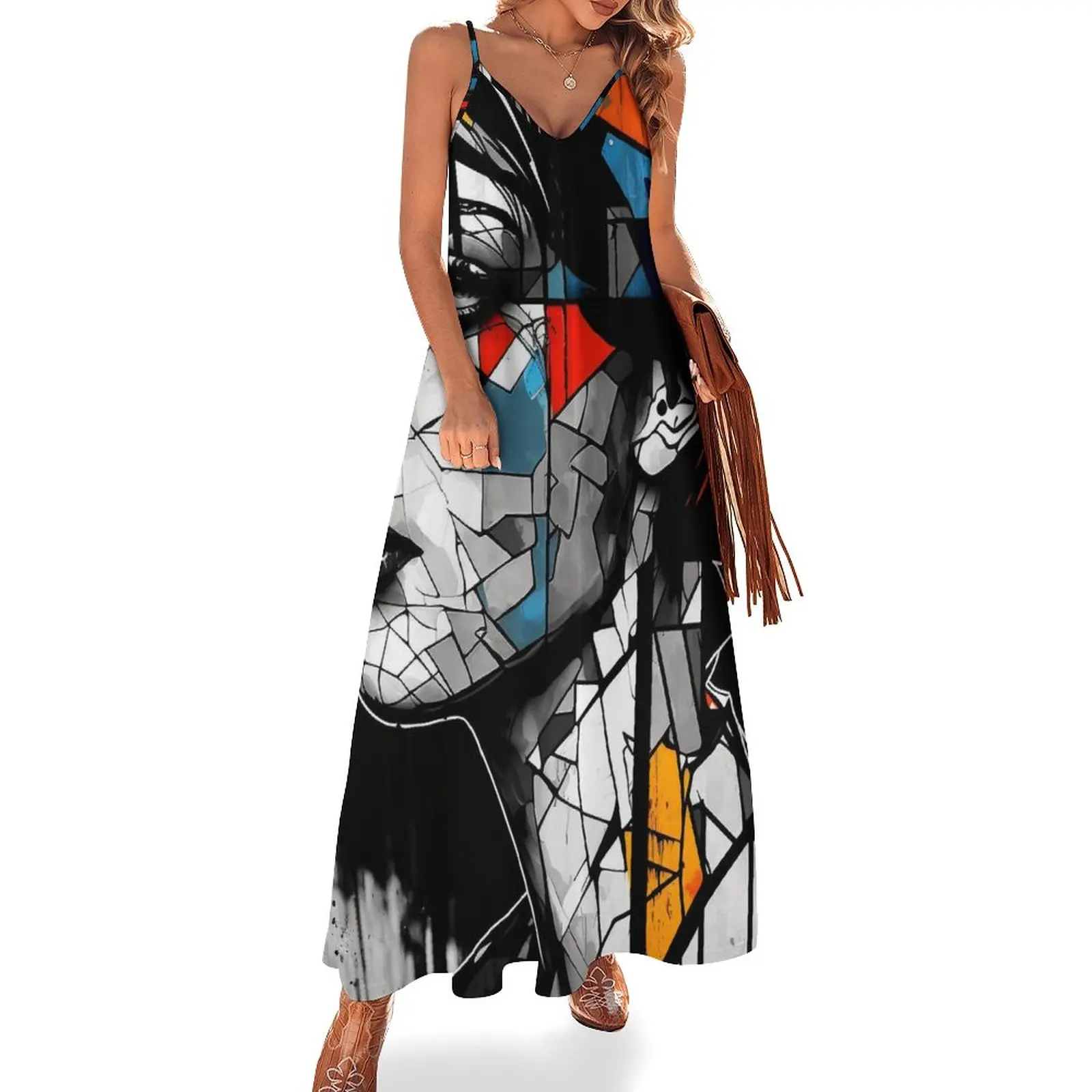 

Women Casual Loose Strap Dress Beach Summer Sexy Boho Maxi Dress Mondrian Woman Print Dresses Robe Femme