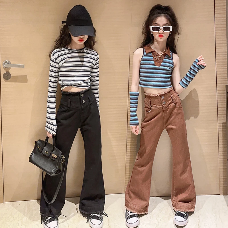 

Young Children Costumes 2023 Autumn Striped T-shirt Flared Jeans Girls Clothes Set Fashion Casual Teen Kids Outfits 13 14 Years