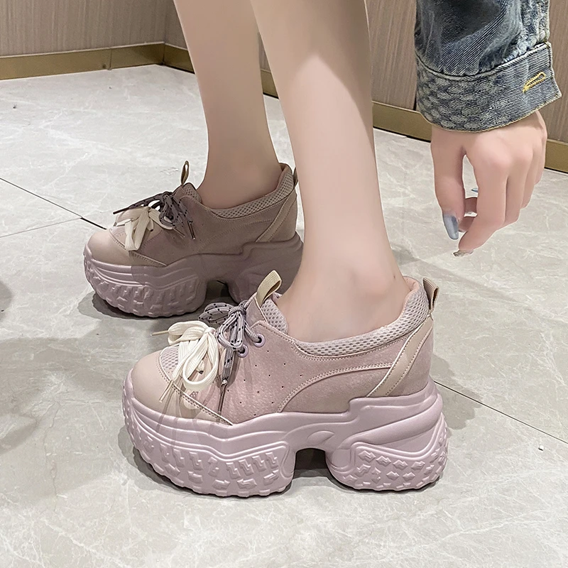 New Chunky Platform Sneakers Women Autumn Hidden Heels Breathable Leather Sports Shoes Woman Thick Bottom Vulcanize Shoes
