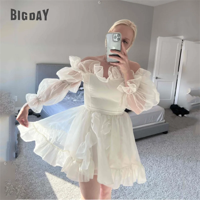 

Elegant A-Line Short Wedding Dresses Women Long Puff Sleeve Open Back Simple Strapless Bridal Gown Above Knee Vestidos De Noiva