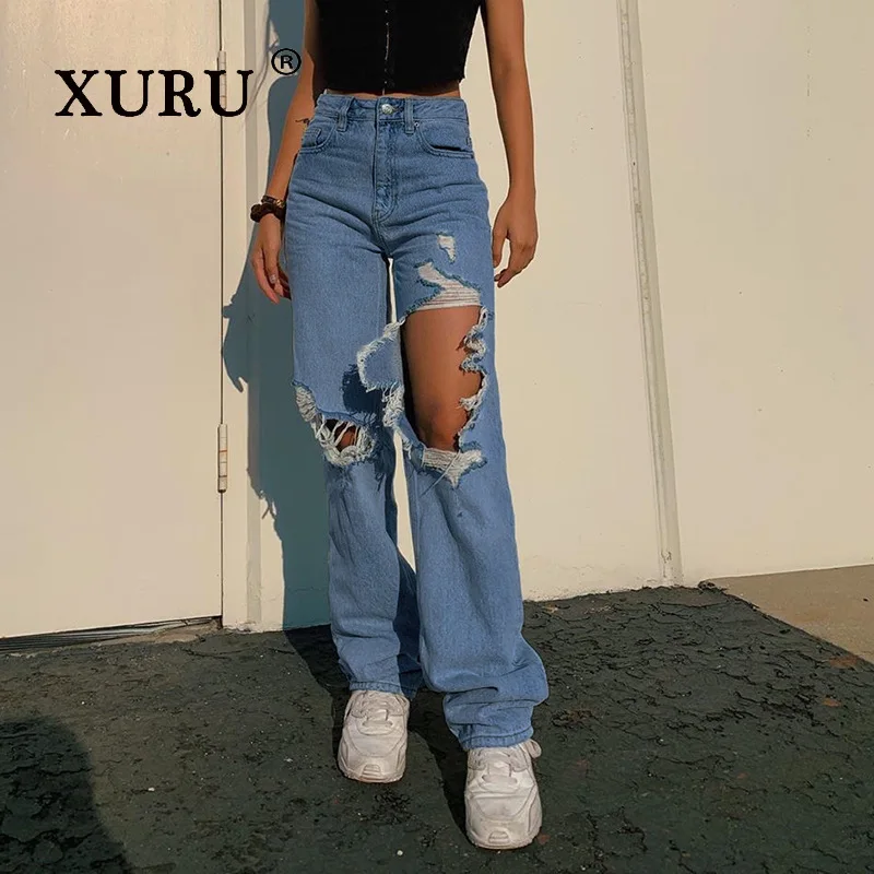 XURU-Europe and The United States New Spicy Girl Hole Women's Jeans, Street Personality Loose Blue Pants Jeans N5-519