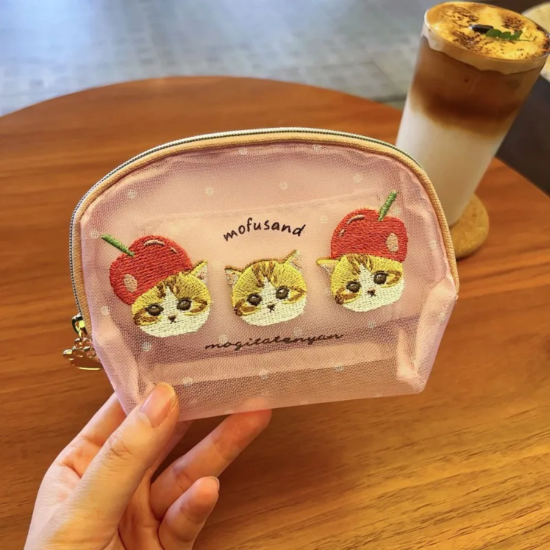 תיק איפור חתול כריש מתוק עם רקמה של Mofusand, תיק אחסון רשת למטבעות, תיק עטים חמוד לילדות