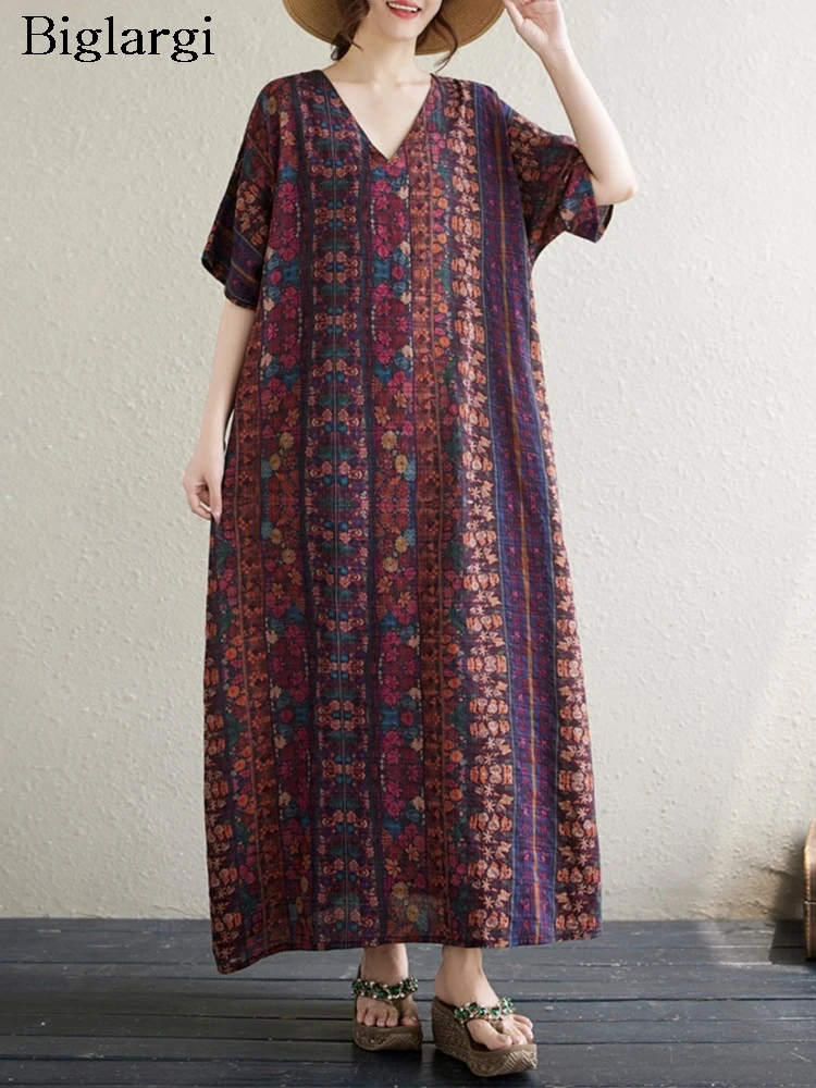 

Женское длинное платье с цветочным принтом, свободное плиссированное платье-трапеция с оборками, Повседневное платье большого размера для лета