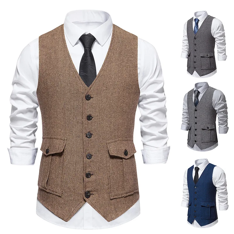 

Men Vest Single Breasted Herringbone Three-dimensional Pocket For Wedding Groom Banquet Work Suit Coat