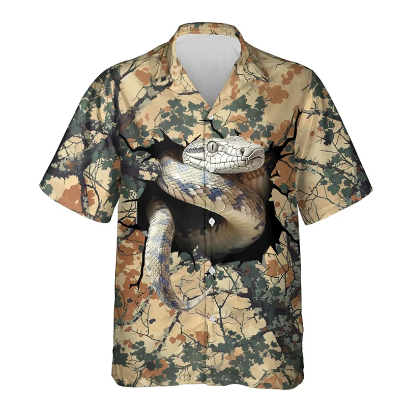 thumbnail image 1 of Camisa hawaiana con estampado de serpiente de terror para hombre, divertida camisa hawaiana con estampado 3D de serpiente, blusas casuales de verano de manga corta con solapa, 1 of 5