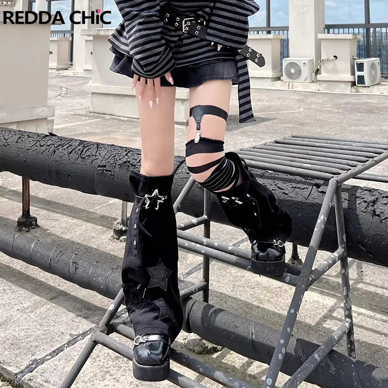 

REDDACHiC Sparkly Star Denim Leg Warmers Women Gothic Lolita Girl Belted Denim Boots Cover Knee Long Socks Vintage Y2k Clothes