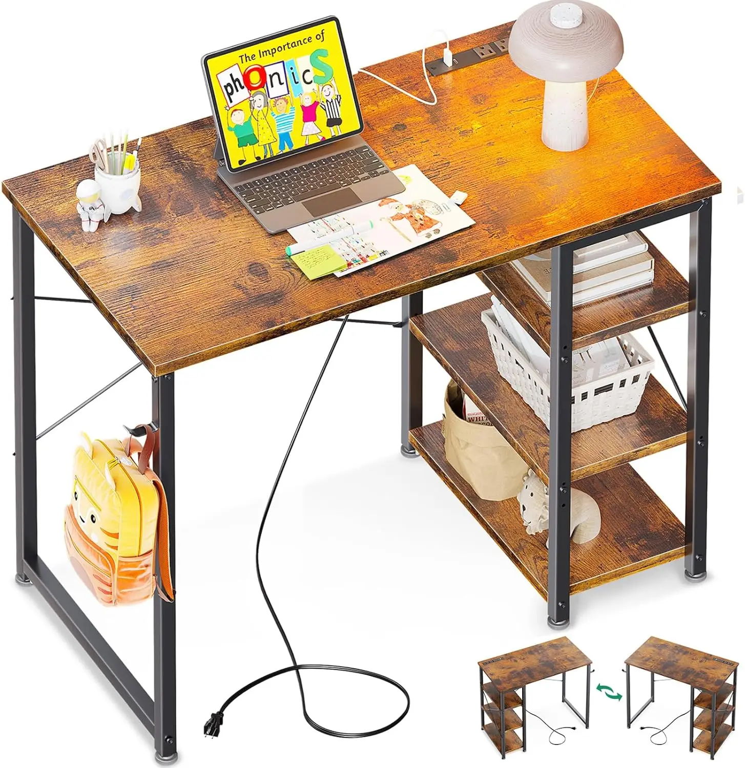 32 Inch Computer Desk Study Table, Home Office Desk with Power Outlet and USB & Type C Charging Port, Writing Desk pine64 usb type c to typec silicone power charging cable for pinecil electric soldering iron pinephone and pinebook pro