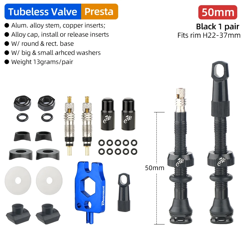 Tubeless Tire Valve for Carbon Rims with Detachable Brass Core and Cap - Multiple Sizes Available