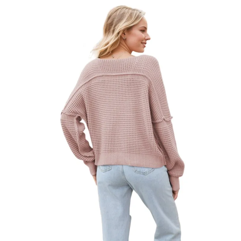 2024 Autumn/Winter Fashion New V-neck Solid Color Off Shoulder Loose Solid Color Knitted Shirt for Women 5