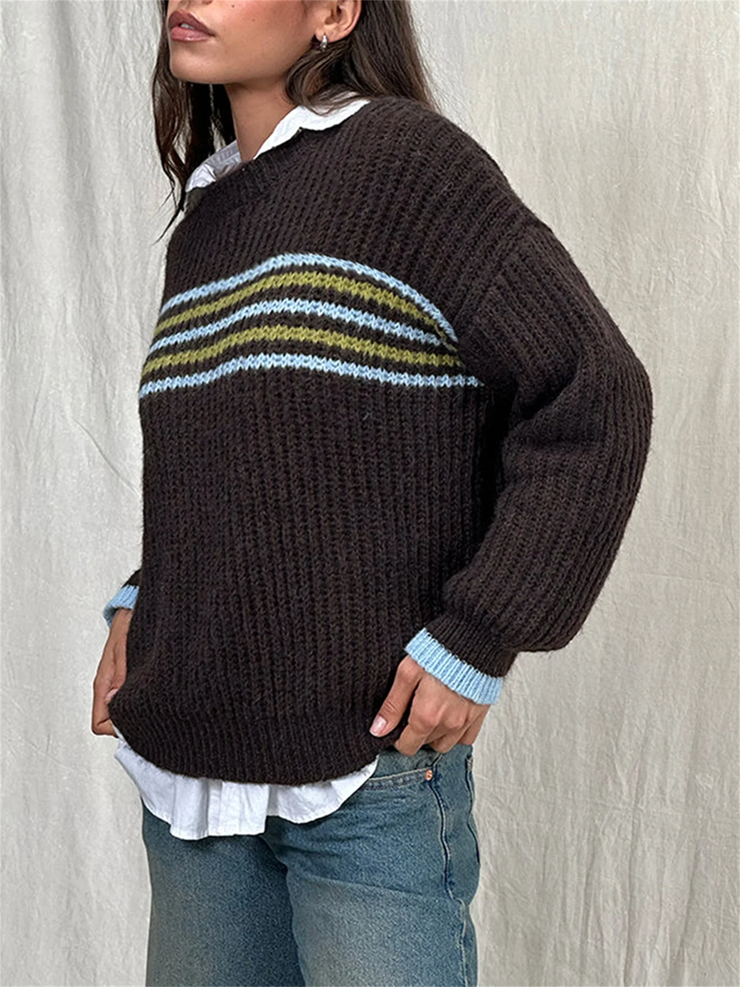 Women s Oversized Knit Sweater with V-Neckline and Ribbed Cuffs Cozy Winter Pullover Jumper Casual Loose Fit Tops