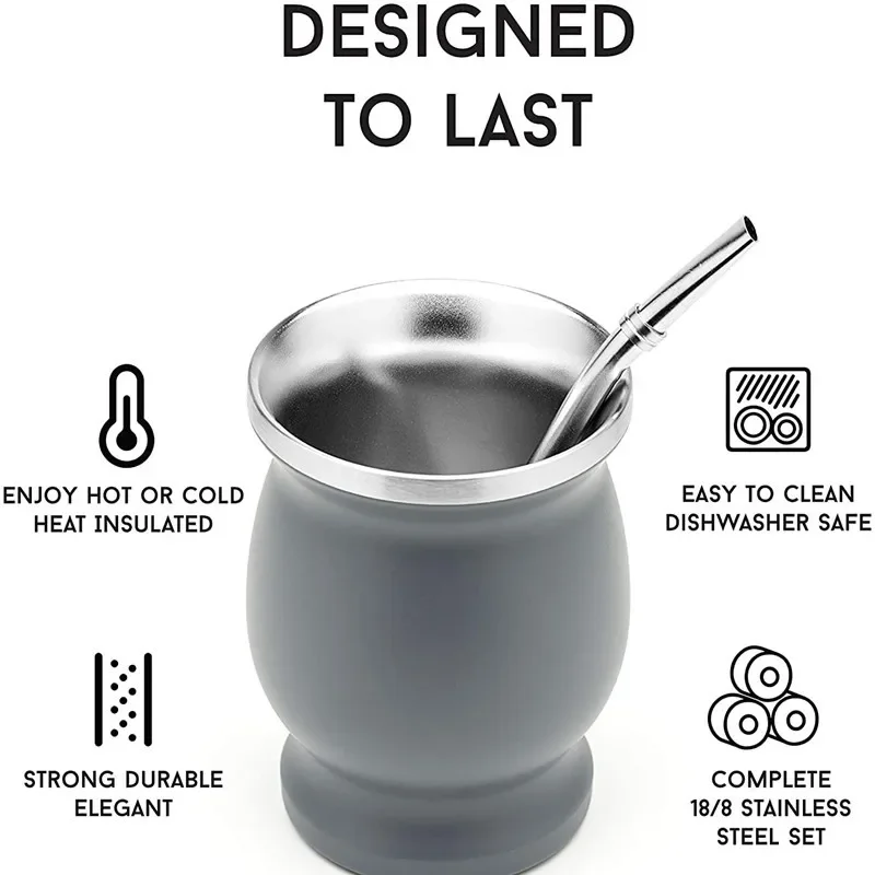 230ML 304 Stainless Steel Mate Cup Double Wall 8oz Portable Tea Mug Mate Gourd with Bombillas and Cleaning Brush