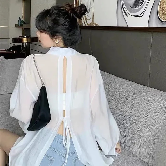 "Ladies Elegant Summer Sun Protection Shirt - Fashionable Loose Tie-Up Loose Sleeve Blouse, Korean Fashion Harajuku Long Sleeve Thin Shirt." 1