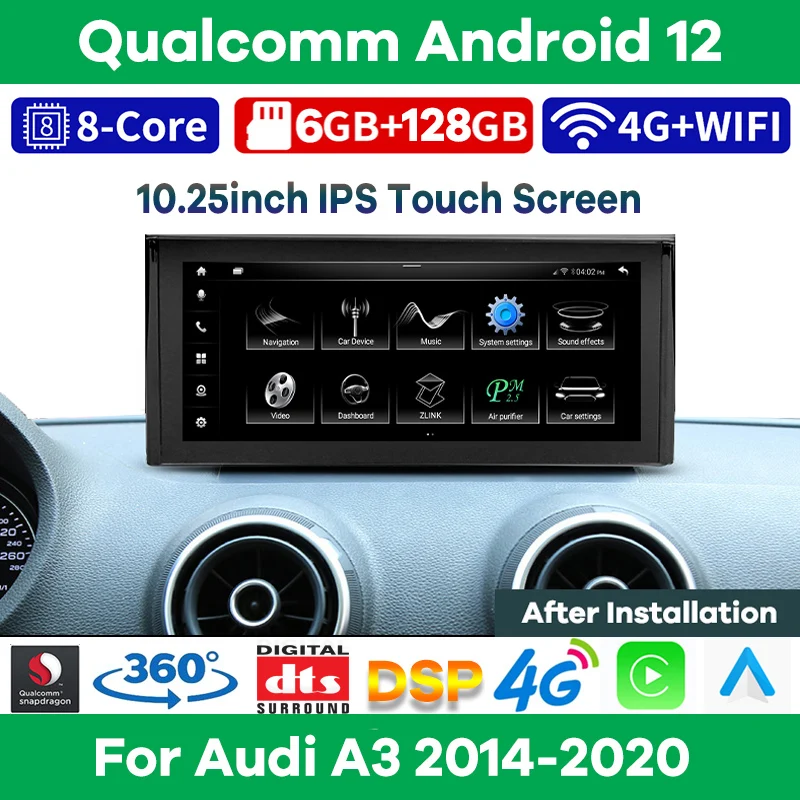 

Автомобильный видеоплеер Qualcomm 6 + 10,25G, 128 дюйма, Android 12, для Audi A3 2014-2020, автомобильное радио, GPS-навигация, стерео, CarPlay экран