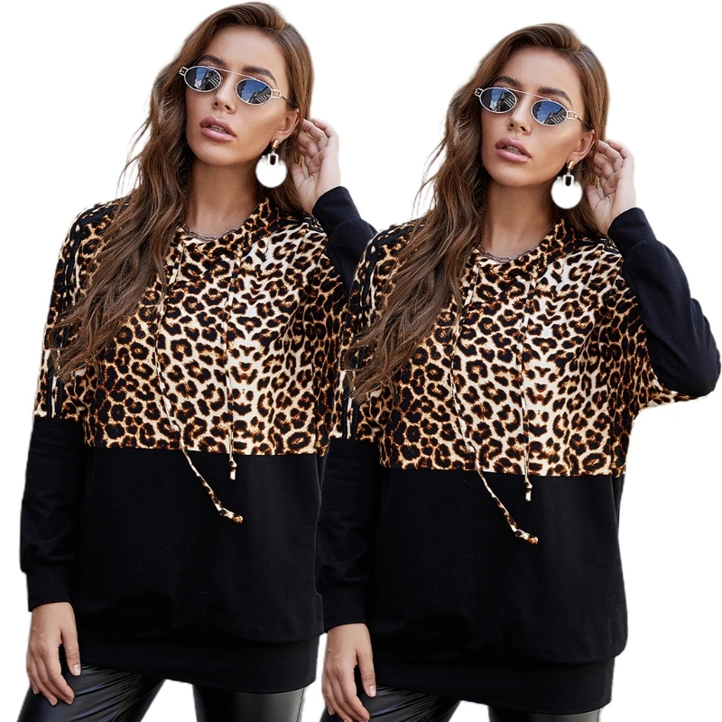 

Women Long Sleeve Drawstring Hoodies Leopard Patchwork Tunic Tops P8DB