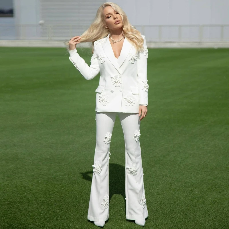 MSMUSI 2025 New Fashion Women Sexy Floral Embellished Blazer Set