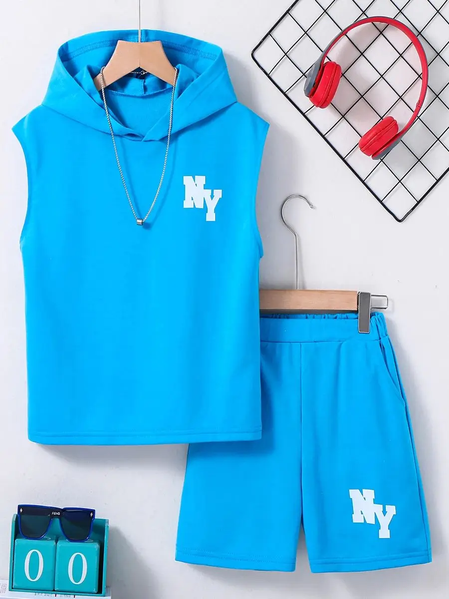 Fashionable Sleeveless Letters Sweatshirt Set with Breathable Shorts 2-Piece Set For Boys and Girls Outdoor Sports