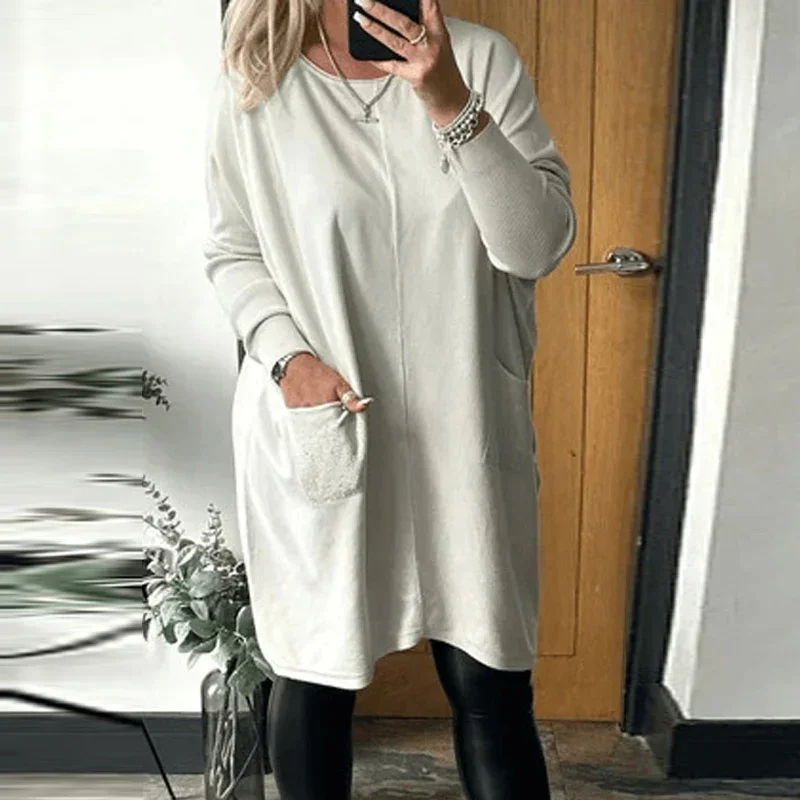 

Solid Vintage Casual Loose T-shirt Dress Autumn Winter Long Sleeve Female Pullover Dresses Leisure Confortable Women Basic Dress