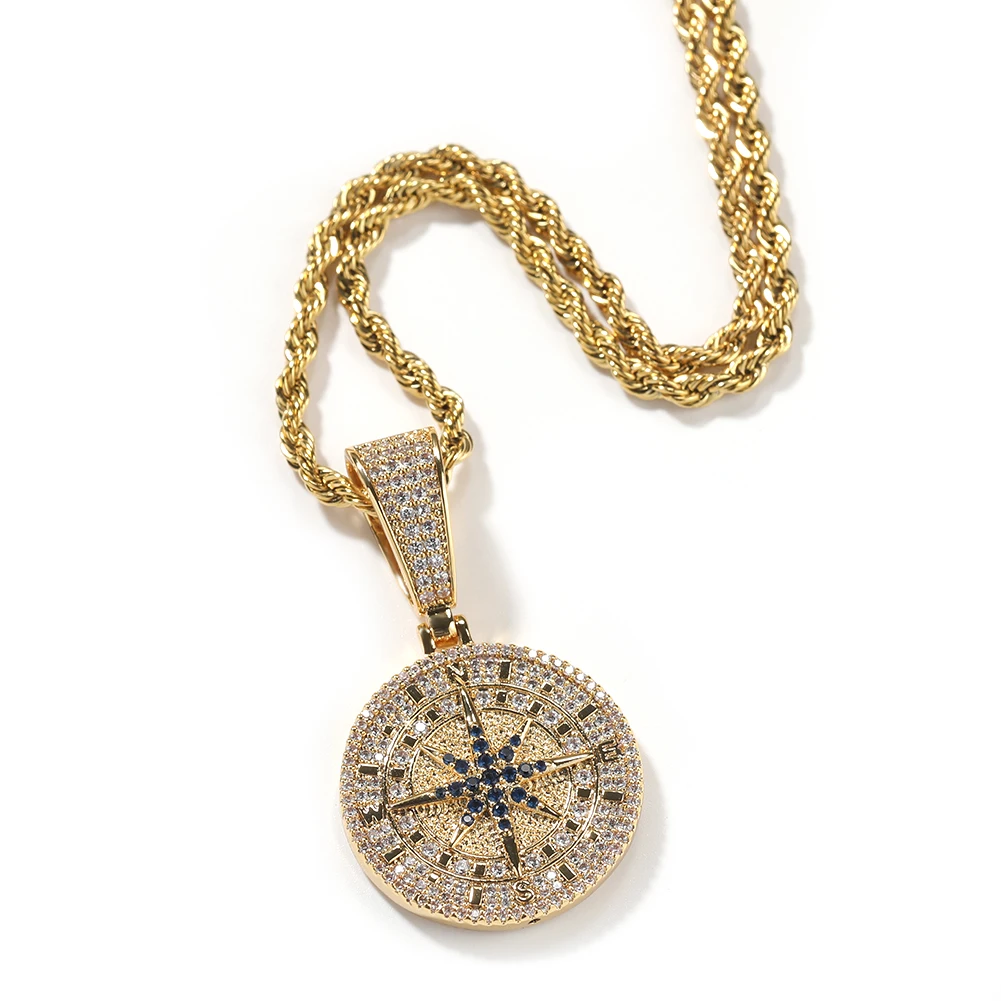 THE BLING KING Compass Pendant Iced Out 5A Cubic Zirconia Pendant Chain HipHop Fashion Jewelry Gift For Men Women