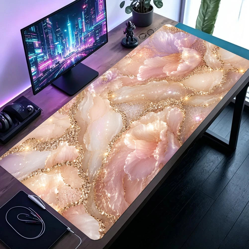 Luxurious Rose Gold Marble Texture Large Desk Mat - Premium Soft Rubber Gaming Mouse Pad and Keyboard Surface