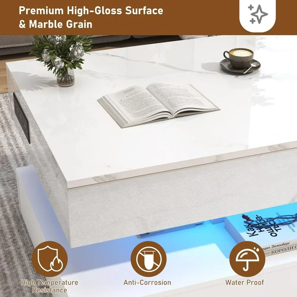 47.2" Large Lift Top Coffee Table with Charging Station, Hidden Compartment Storage, Marbling Print, LED High Glossy Tables 2