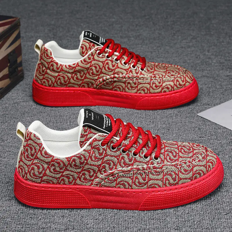 2024 Autumn New Canvas Men Low-help Small Print Board Shoes Thick Sole Casual Fashion Shoes 3
