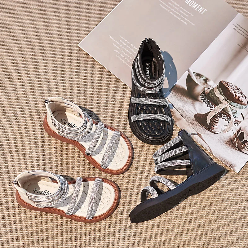 Girls Sandals 2025 Summer New Fashion Rhinestone Children's Roman Sandals Anti-sliperry Soft Kids Princess Beach Shoes G980 2