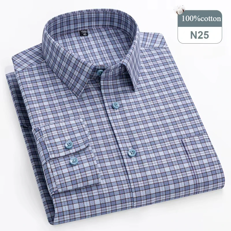 Men's Plus Size Long-Sleeve 100% Cotton Slim Fit Formal Shirt - Soft Plaid and Striped Design