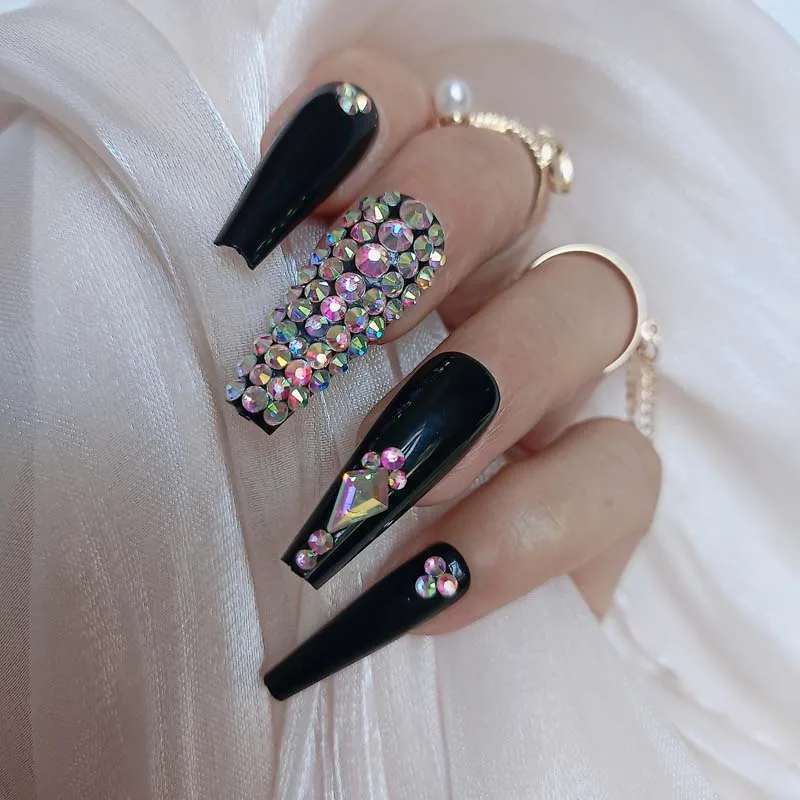 24pcs Latest Luxury Jewelry Ballet Coffin Fake Nails Crystal Diamond Black  - False Nails - AliExpress