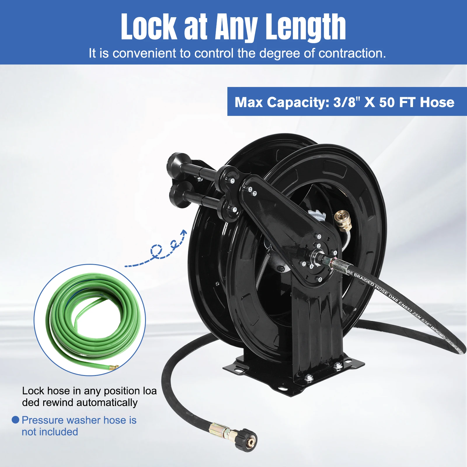 Pressure Washer Hose Reel Retractable Pressure Washer Reel Auto Rewind Power Washer Hose Reel for Water/Air/Oil 4000 PSI