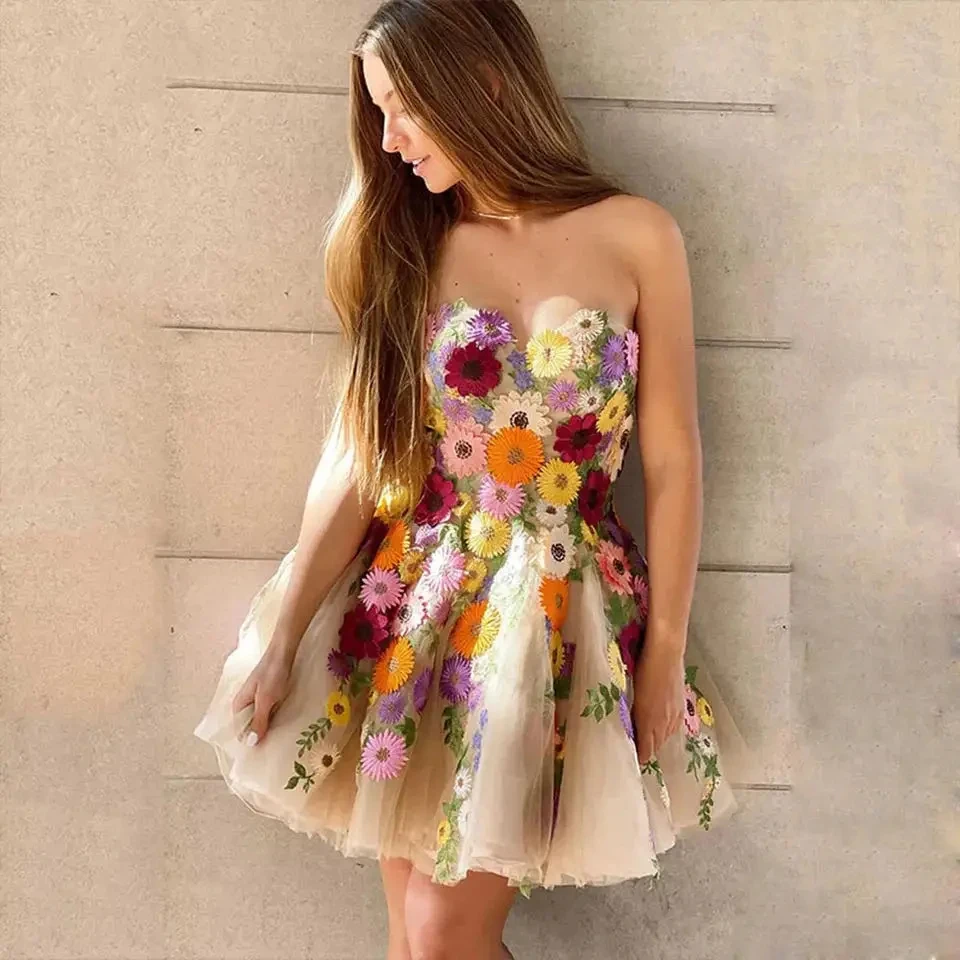 

Champagne Strapless Flowers Tulle Mini Evening Dresses Sweetheart A Line Prom Party Graduation Gown Homecoming Dresses Robe