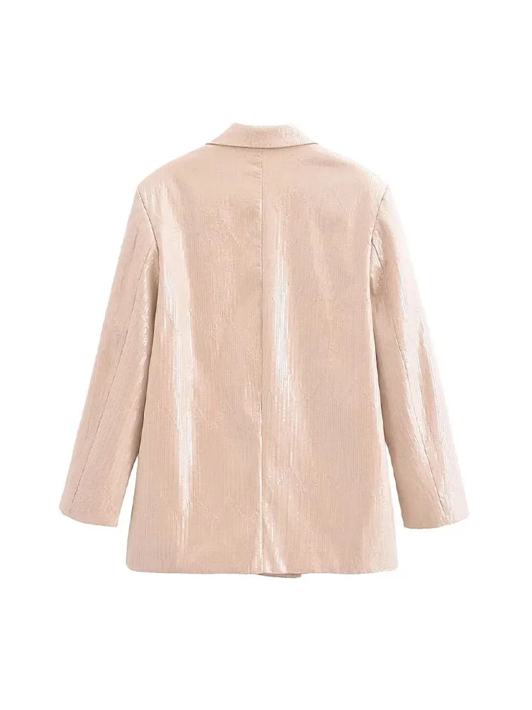 HH TRAF Spring Chic Sequins Blazer for Woman Fashion Turn Down Collar Long Sleeves Jackets Pockets Oversize Female Casual Coats