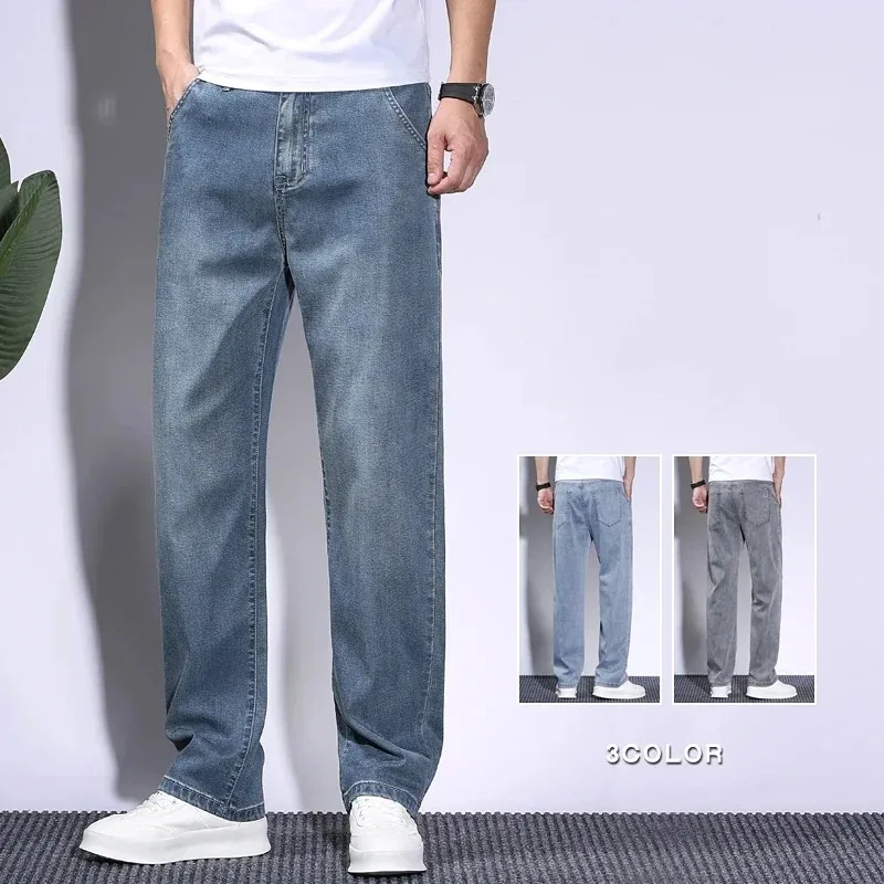 Summer Soft Lyocell Fabric Men's Jeans Thin Loose Straight Pants Drawstring Elastic Waist Korea Casual Trousers Plus Size 28-42 cargo jeans,denim pants,denim trousers,lyocell jeans