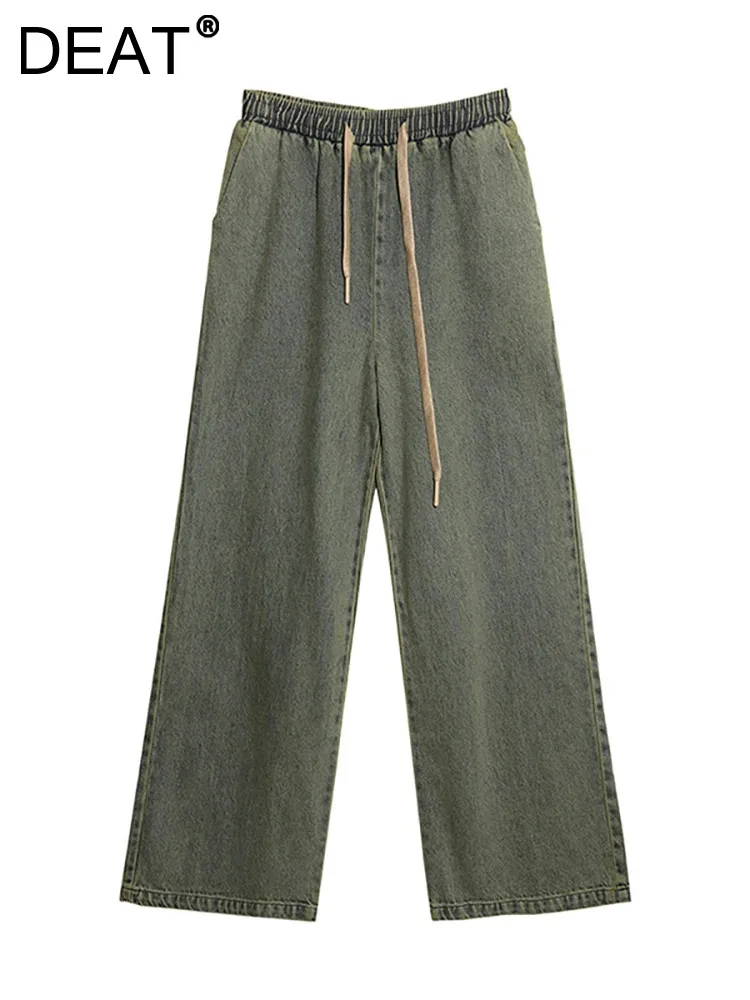 

DEAT Women's Jean Elastic High Waist Drawstring Loose Vintage Full Length Wash Green Denim Pants 2023 Autumn New Fashion 29L3457