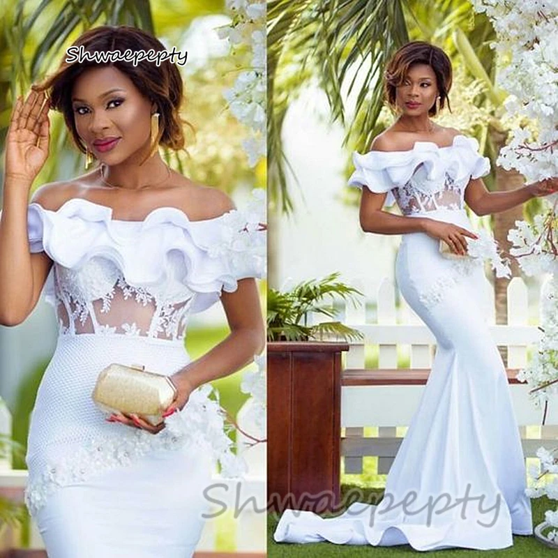 

Off The Shoulder White Ruffles Mermaid Evening Dresses Lace Appliques Illusion Corset Sexy Long Formal Party Gowns For Women