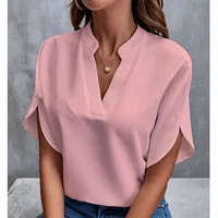 1pcs Woman New Summer Solid Color Shirts Lady Casual Short Sleeve V-neck Collar Loose Shirts Female Fashion Pullover Tops - Image 2