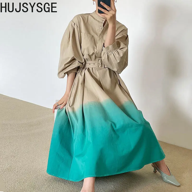 

Hujsysge Women Patchwork Color Maxi Dress Long Sleeves Loose A Line Dresses Female Chic Korean Fashion Belted Vestiods 2023