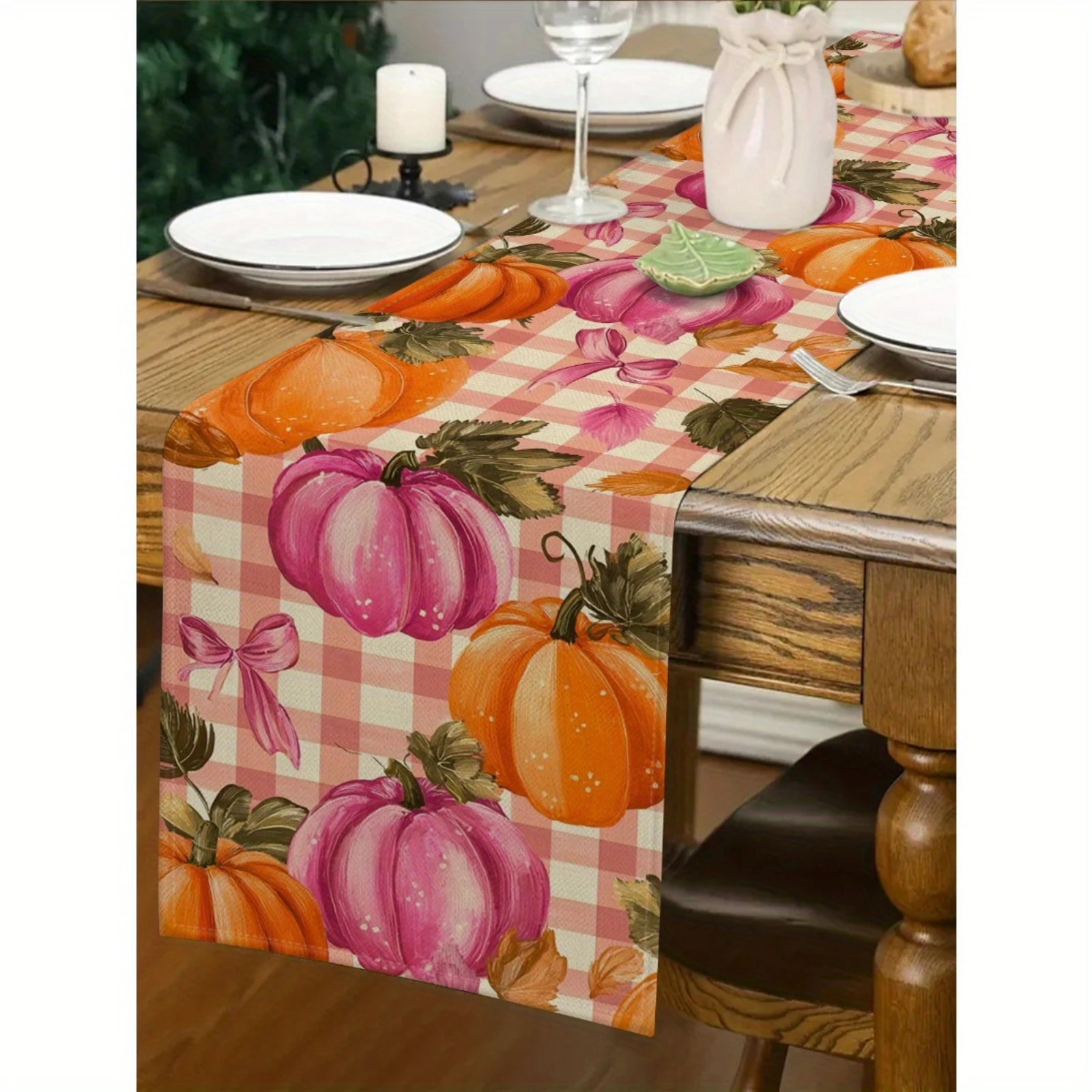 Pink Pumpkin Plaid Table Runner 2