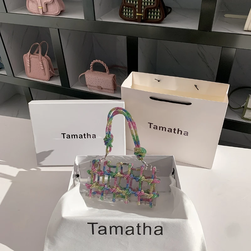 

Tamatha Genuine Leather Advanced Colorful Diamond Inlaid Box Dinner Bag 2023 New French Style Carrying Underarm Bag
