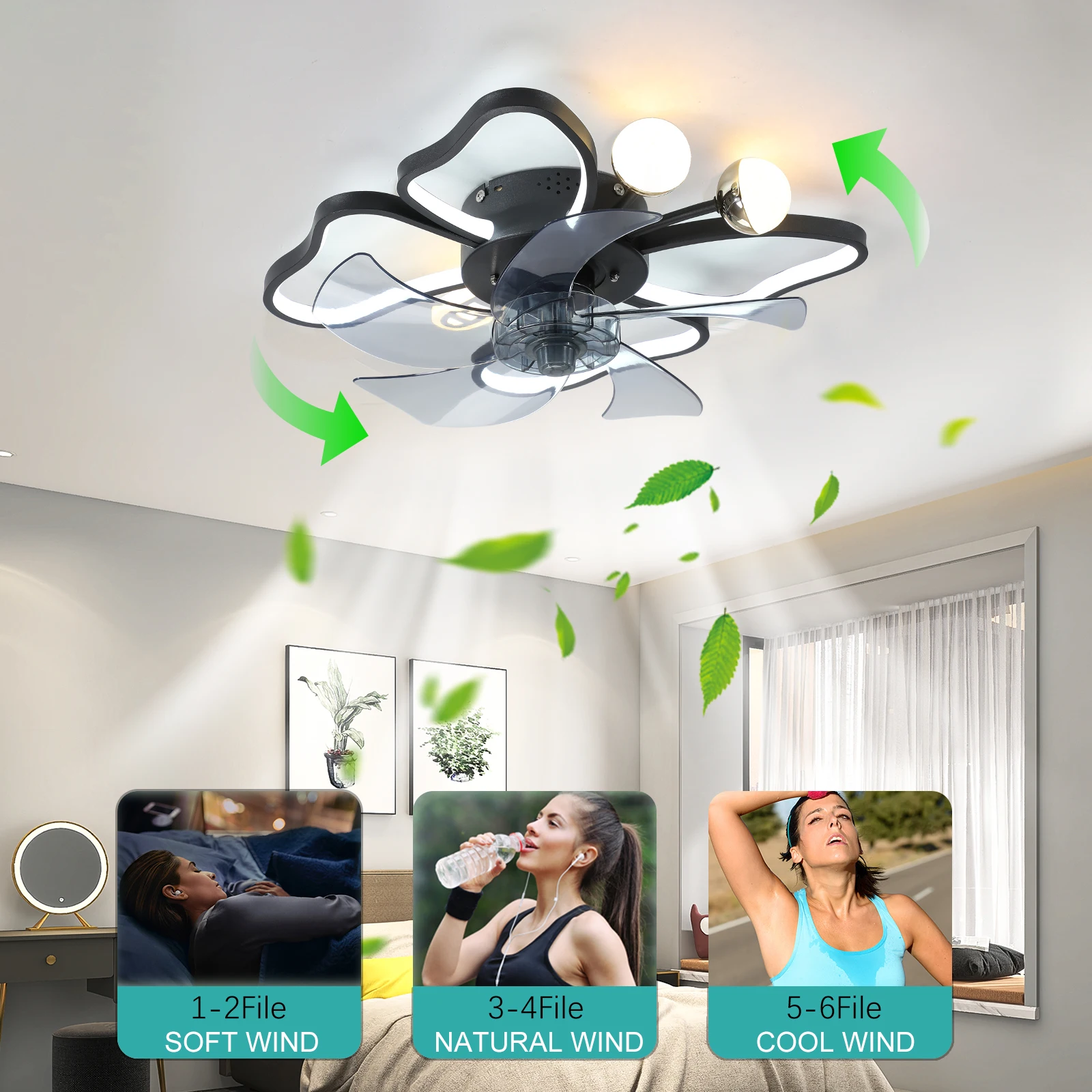 Butterflies LED lights Modern Ceiling Fan ,Transparent Blades, 6-Speed Remote Control,Stylish Low-Profile Design