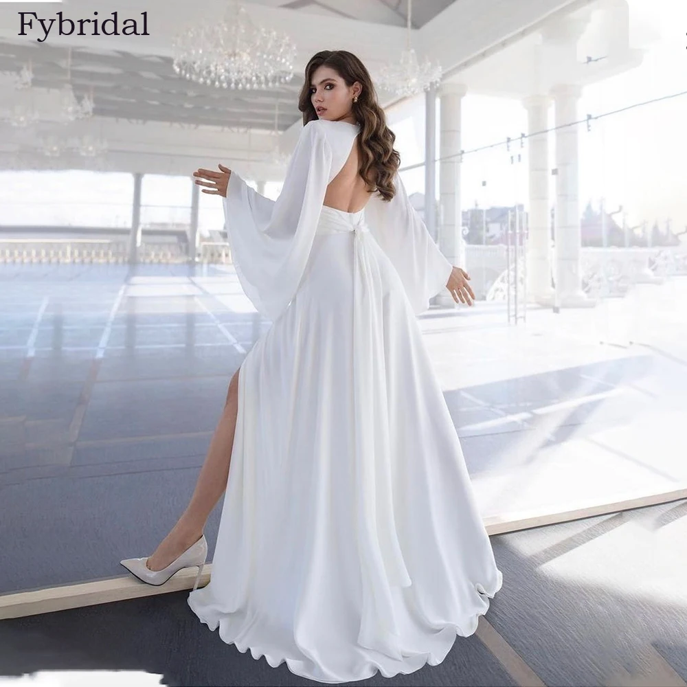 Sexy Deep V Neck Chiffon Wedding Dress Long Batwing Sleeve High Slit Cut Out Back Bridal Gown Robe De Mariee Vestidos De Novia 2