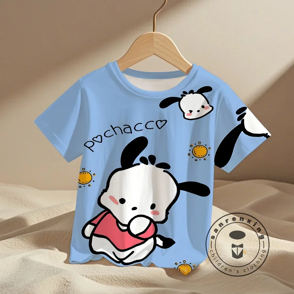 Pochacco 티셔츠 세트 어린이 애니메이션 여름 탑 여러 패션 어린이 티셔츠 라운드 넥 캐주얼 반소매 프린트 트럭 슈트