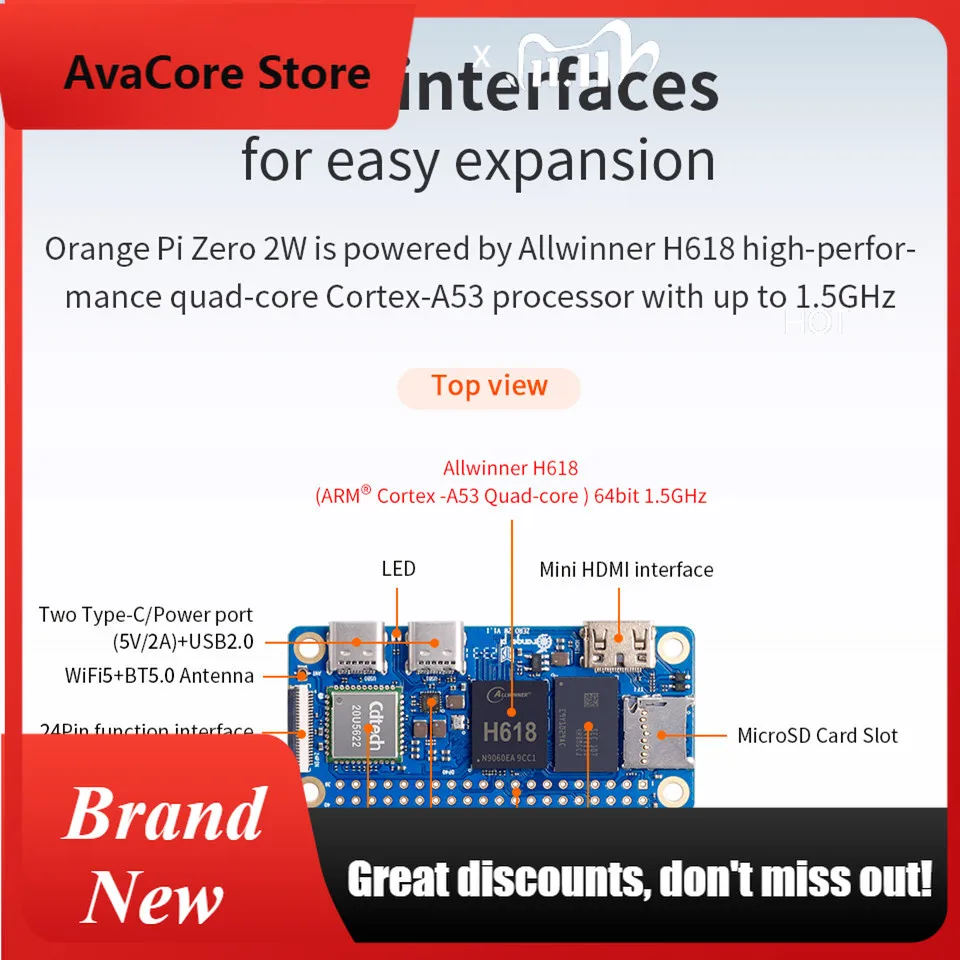 AvaCoreOrange Pi Zero 2W 1.5GB RAM 개발 보드 SBC