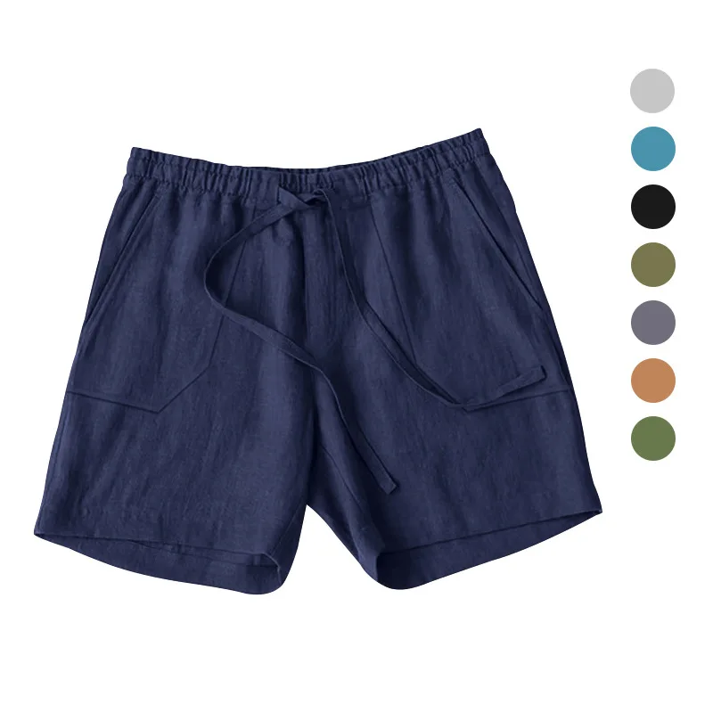 

Men's summer cotton linen shorts drawstring elastic waist solid color breathable beach five points Bermuda shorts