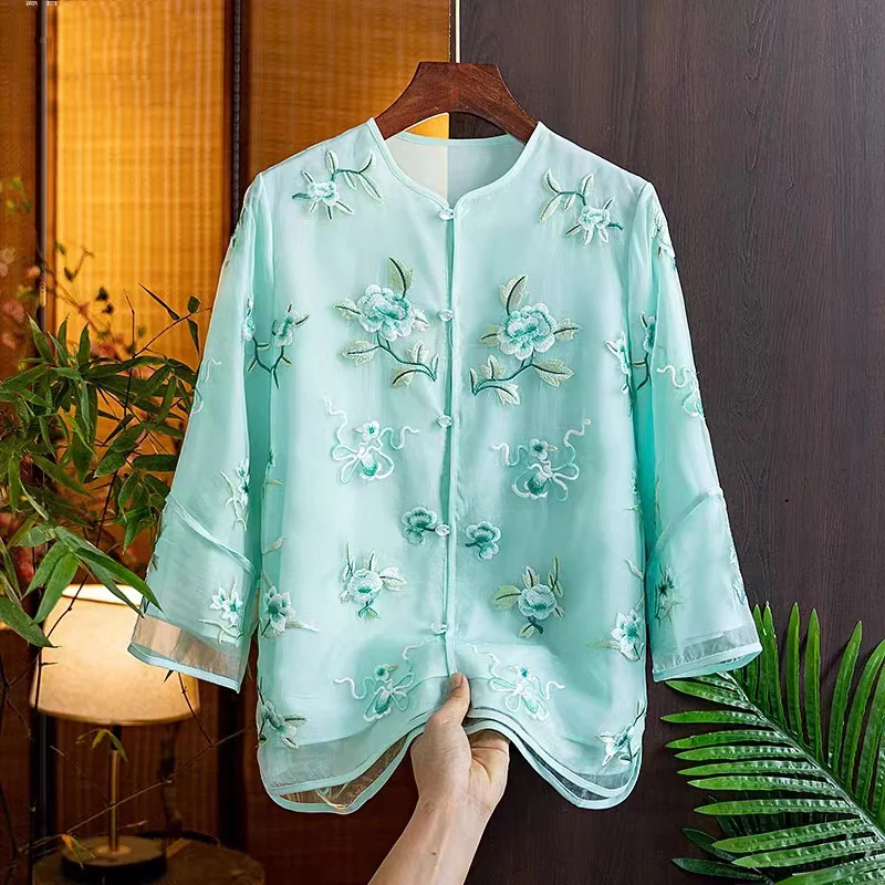 

Chinese Style Organza Embroidery Jacket Women's Spring And Summer 2023 New Age Reducing O-Neck Loose Wrist Sleeve Top S-XXL