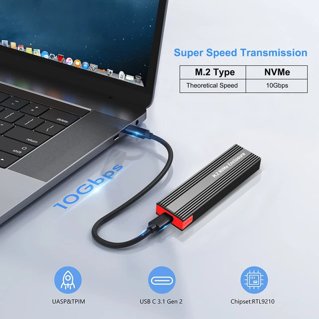 Adaptateur de boîtier SSD M.2 NVMe, sans outil, USB C 3.1